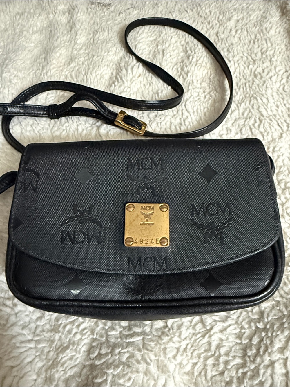 MCM Black Logo Crossbody with Gold Plaque Accent